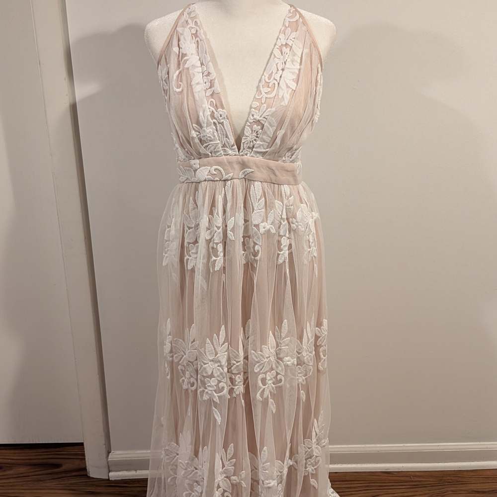 Plunging V-Neck Blush Pink Embroidered Maxi Dress